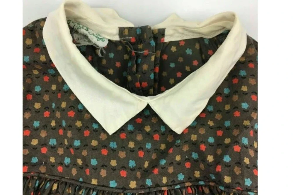 VTG 70s Duets Cotton Puff Sleeve Peter Pan Collar Smock Dress Floral Prairie 5T